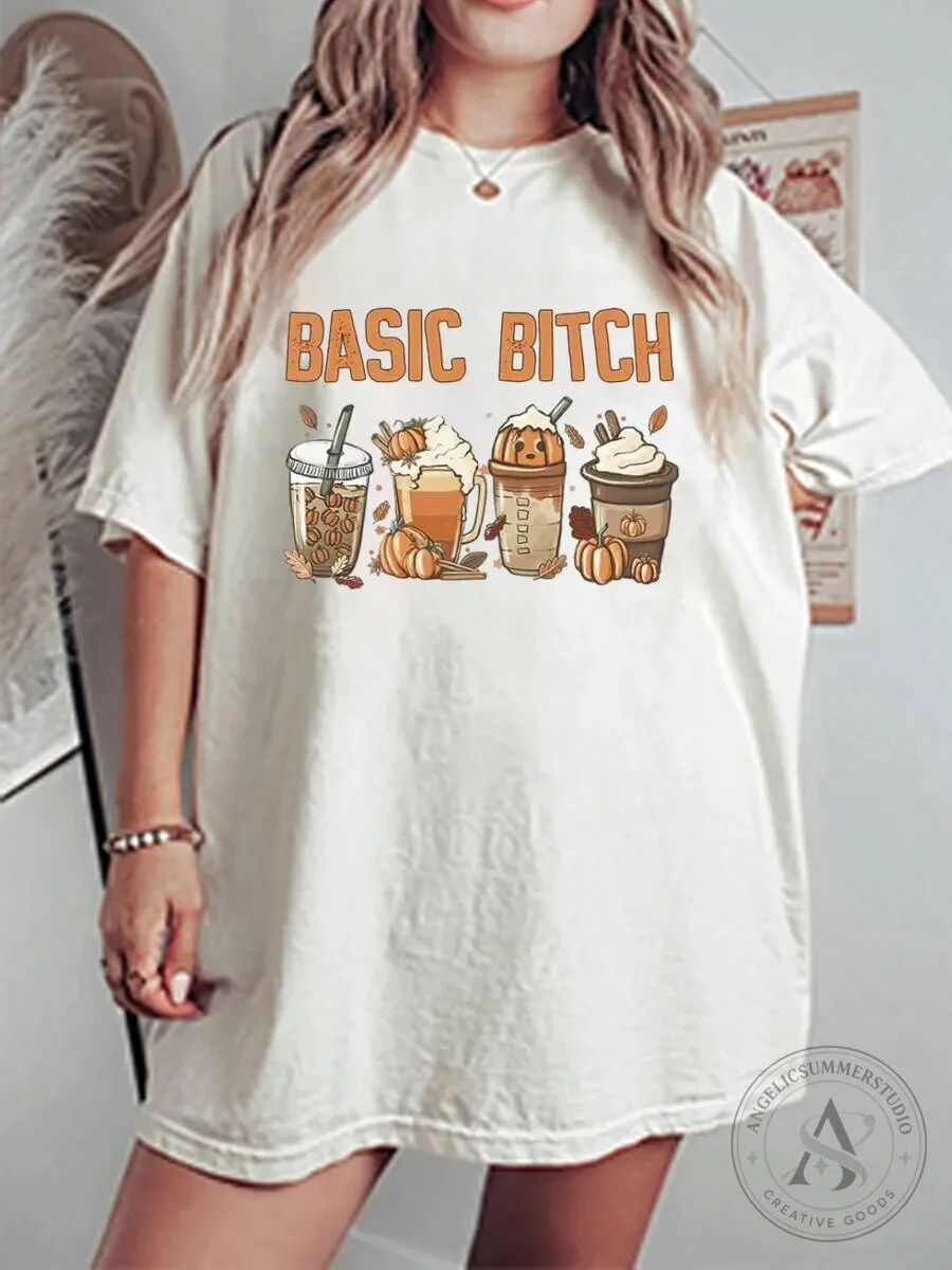 Basic Bitch Fall Coffee Drinks Graphic Oversized T-Shirt