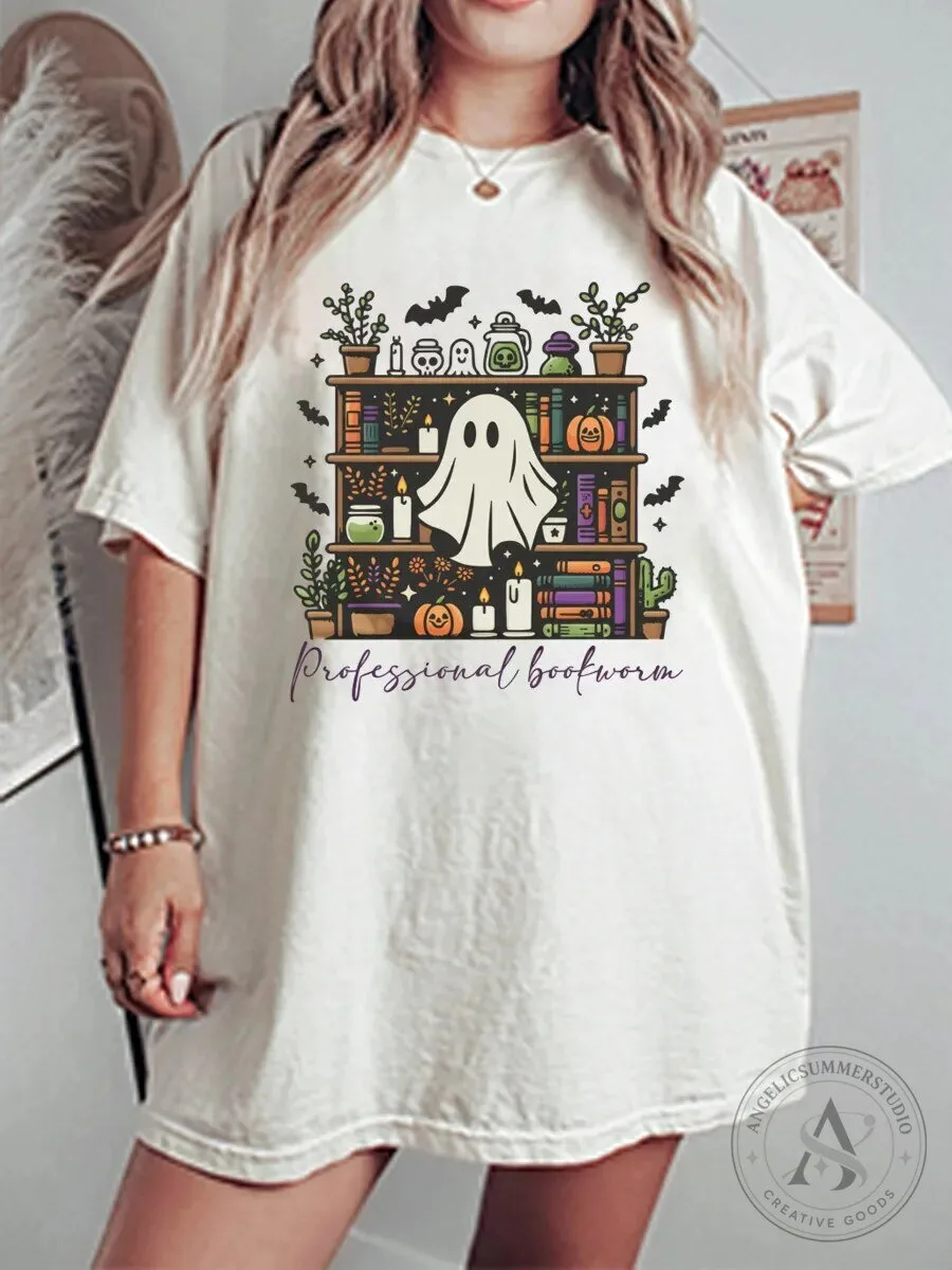Professional Bookworm Ghost Halloween Bookshelf Graphic T-Shirt